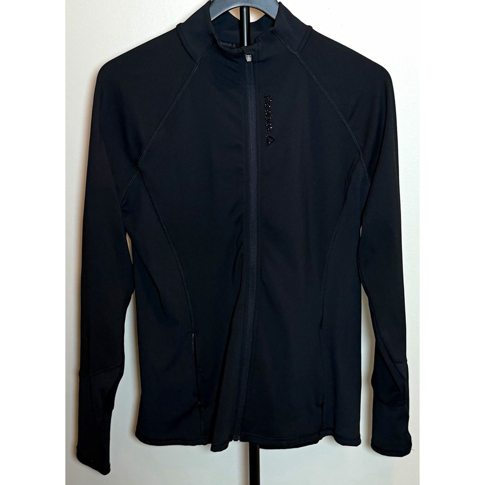 Reebok Women's Black Solid Full Zip Track Jacket, Polyester Knit, Size L Logo